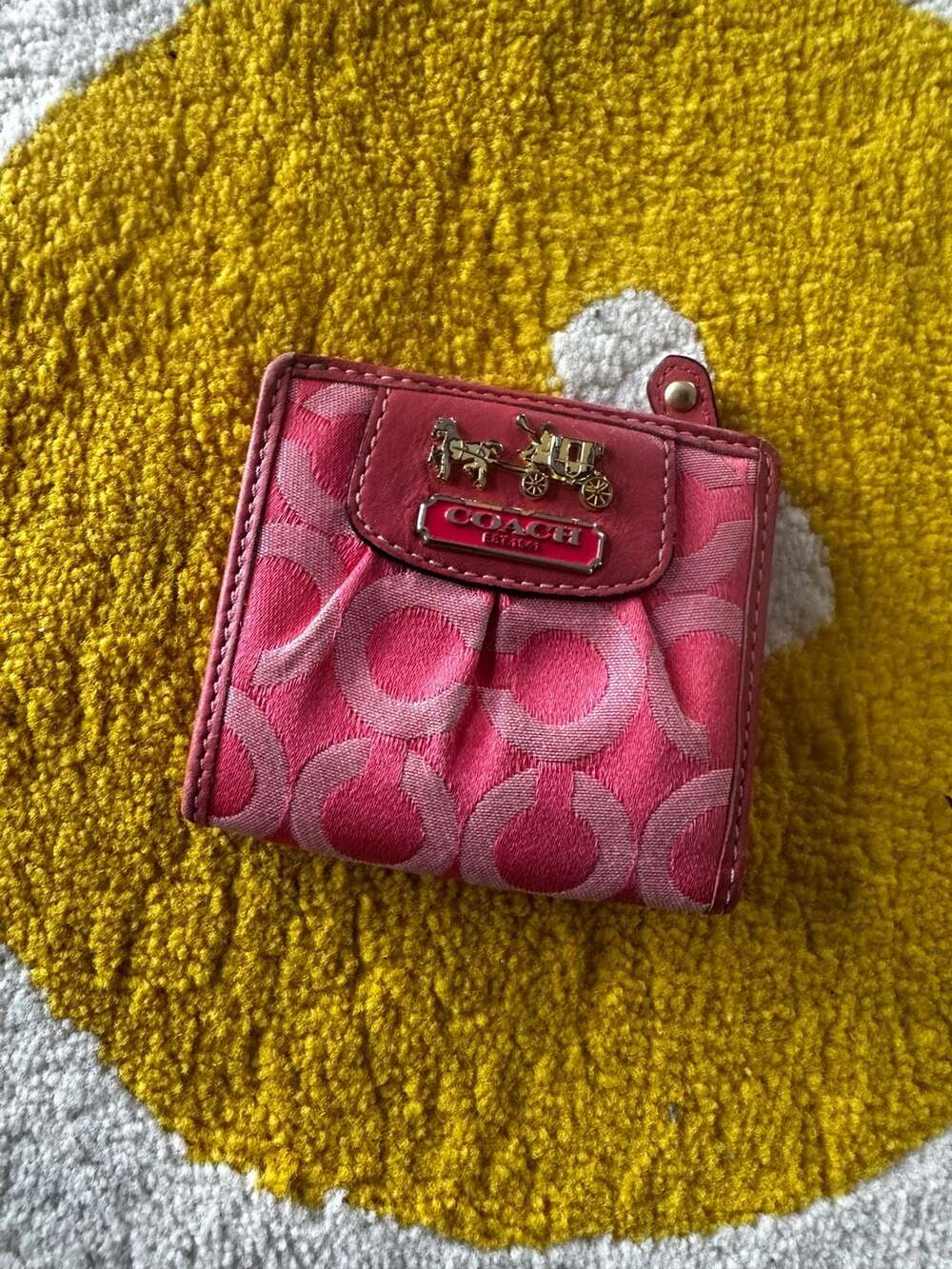 Coach Signature C Pleated Compact Bifold Wallet in Pink Jacquard with Horse & Ca